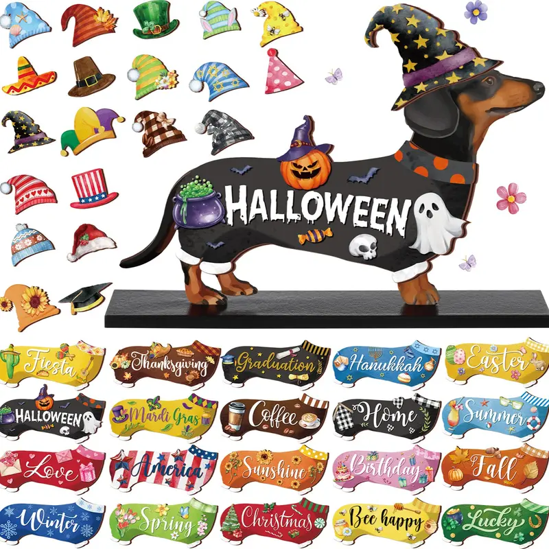 Pet Sign Gift Halloween Decor Cat Ornaments Wooden Sign Cat Desk Decor Interchangeable Pet Decor with Magnet Detachable Hats for Summer Halloween Autumn Holiday Seasonal Birthday Party, Gift for Pet Owning Families and Cat Lovers