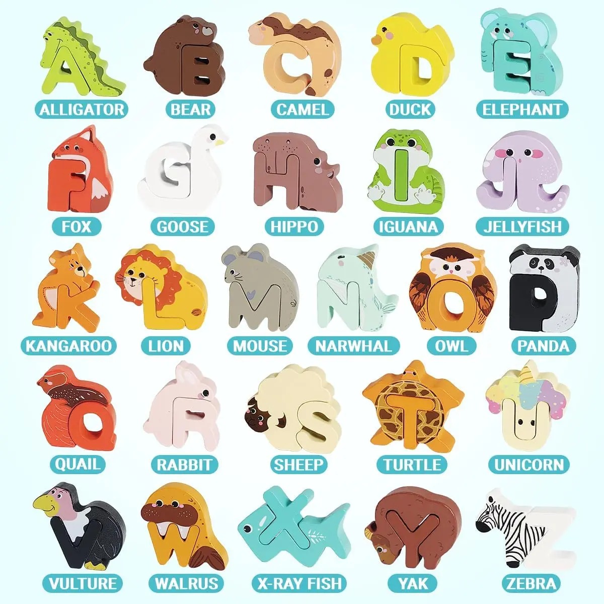 52-Piece Wooden Alphabet Animal Matching Puzzle Set for Toddlers, STEM Montessori Puzzle, ABC Peg Puzzles for Kids Ages 3-5, Preschool Learning Toy for Shape Recognition