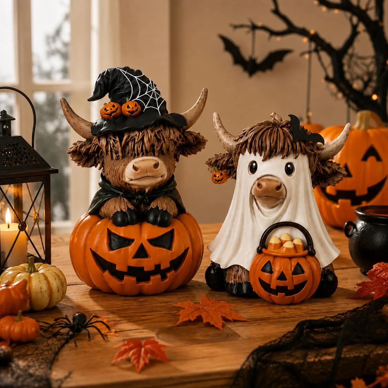 Halloween Highland Cow Statue Fall Cattle Figures 3D Highland Cattle Ornament Halloween Gift Christmas Gift Cute Decoration for Home, Halloween Party Season Decor, Housewarming Gift, Bathroom Decor, 2/3pcs