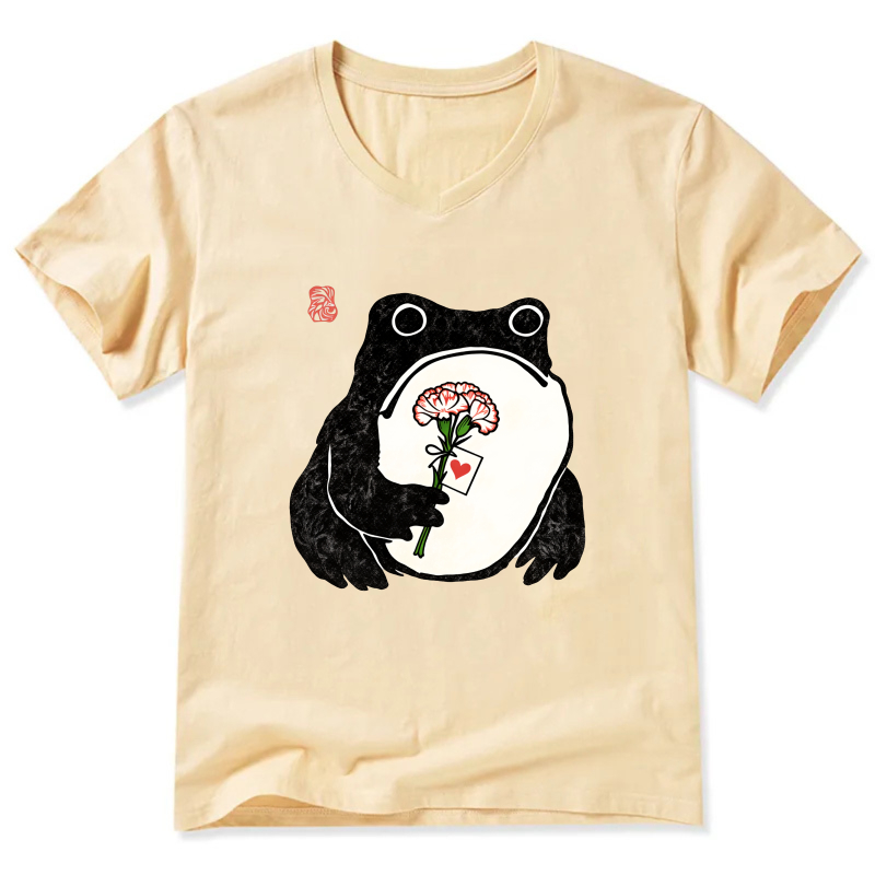 Frog Holding Rose Card T Shirt Black Design Cute Animal Graphic Tees