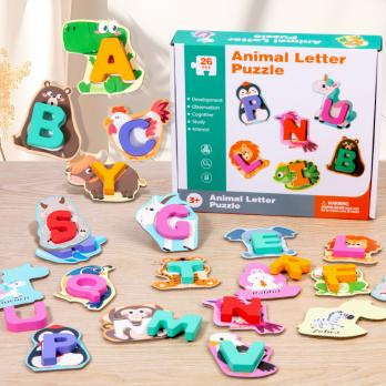 52-Piece Wooden Alphabet Animal Matching Puzzle Set for Toddlers, STEM Montessori Puzzle, ABC Peg Puzzles for Kids Ages 3-5, Preschool Learning Toy for Shape Recognition
