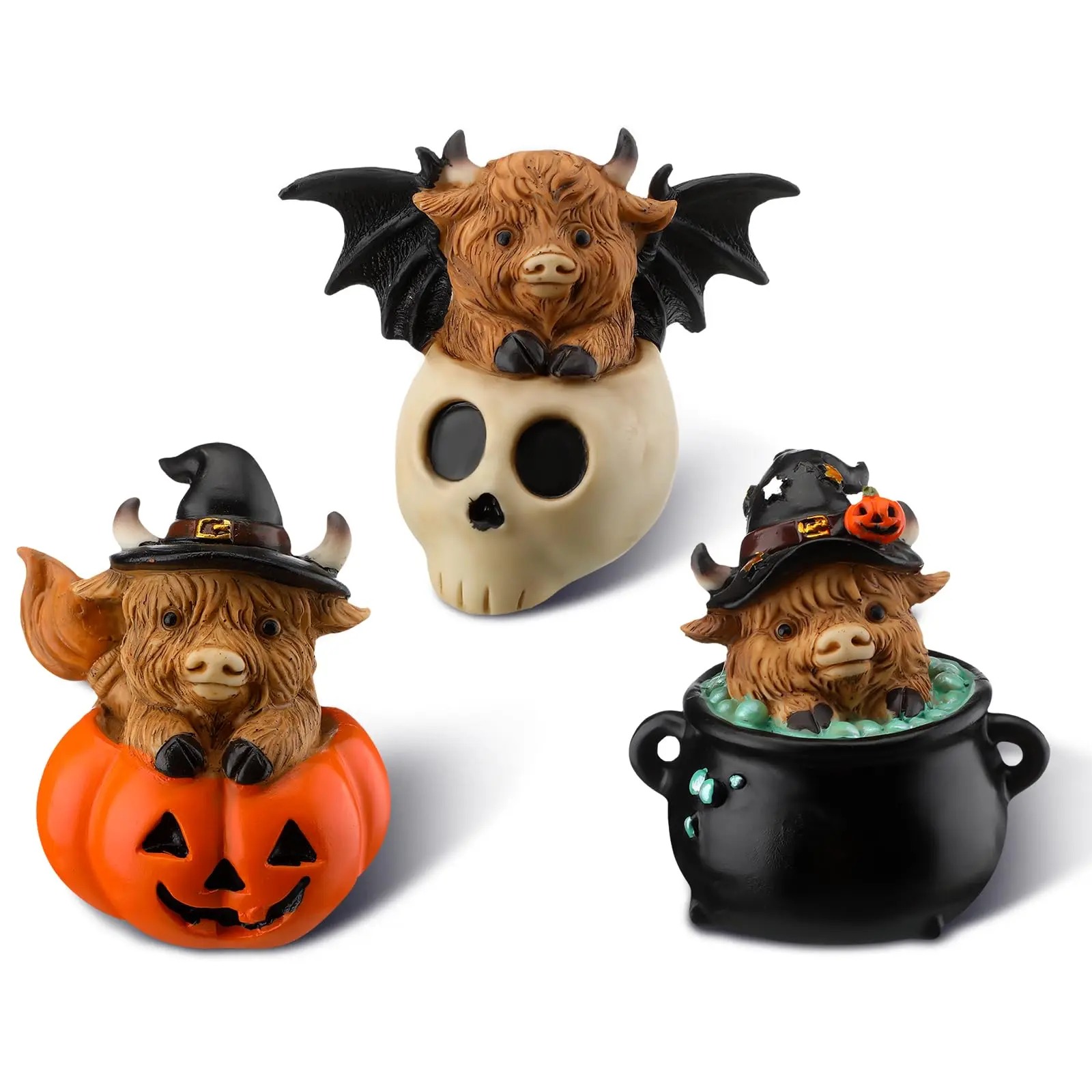 Halloween Highland Cow Statue Fall Cattle Figures 3D Highland Cattle Ornament Halloween Gift Christmas Gift Cute Decoration for Home, Halloween Party Season Decor, Housewarming Gift, Bathroom Decor, 2/3pcs