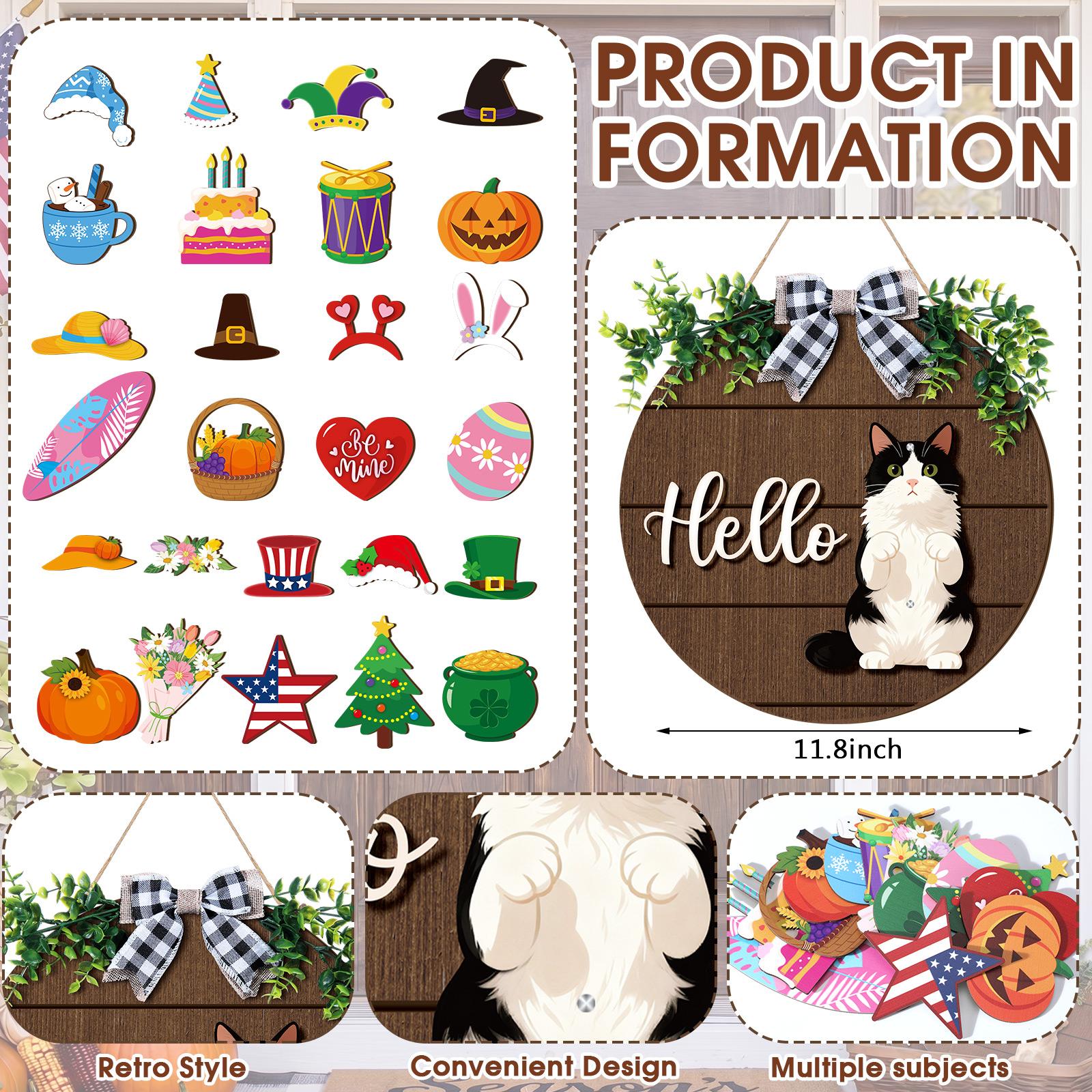 Gejoy Halloween Cat Sign Interchangeable Welcome Sign Cute Cat and Dog Season Hanging Decor with Magnetic Detachable Hats Round Hanger for Home Wall Garden Porch Door, Housewarming Gift, Gift for Animal Cat Lover
