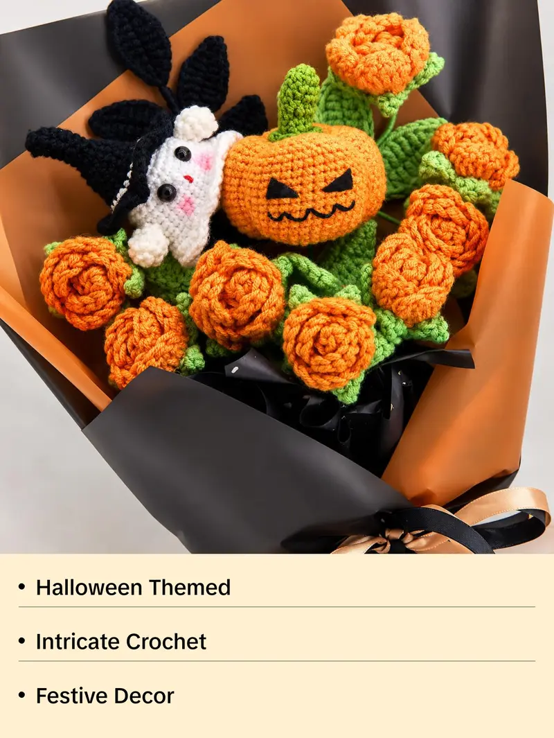 Handmade Crochet Flowers Bouquet Halloween Gift Pumpkin Ghost Bouquet Halloween Decor Gift for Her Friend Gift Forever Flowers Handmade Halloween Decoration