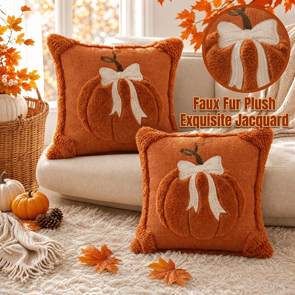 2-Pack Square 3D Jacquard Pumpkin Bow Cushion Covers, 18x18 in Home Replacement Options for Thanksgiving Farmhouse Decor (Covers Only)