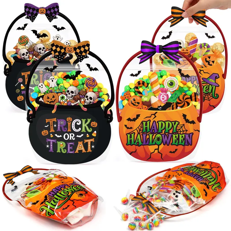24/50 Pcs Halloween Goodie Bags Plastic Candy Bag Trick or Treat Bags with Cauldron Skeleton black Cat Skull Pumpkin Design,Treat Bags for Student Teacher Colleagues Neighbors,Classroom Snack Storage for Halloween Birthday Party Favor Supplies