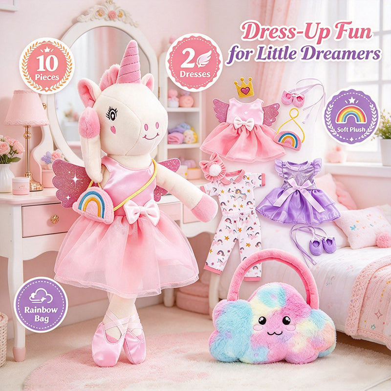 Ballerina Unicorn Plush Toy with dress-up outfits and fluffy storage bag