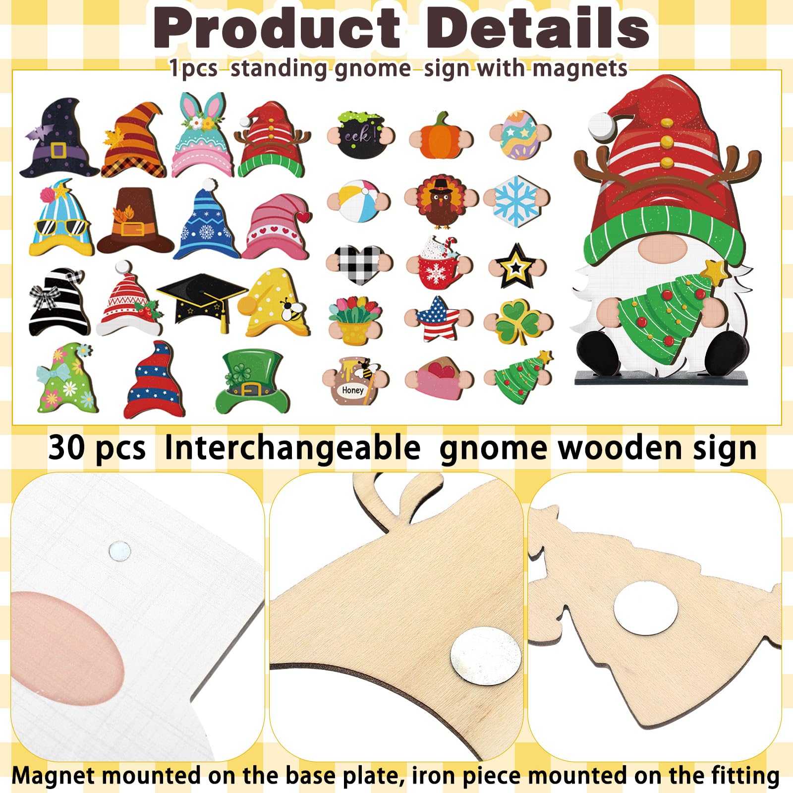 Gejoy Gnome Sign Halloween Gnome Interchangeable Desk Decor with Magnet Accessories Gnome Wooden Sign for Summer Holiday Seasonal Halloween Christmas Party Office Home Living Room Gift for Gnome Lovers, Halloween Gift
