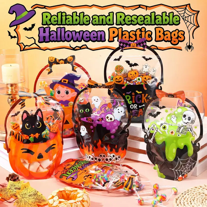 24/50 Pcs Halloween Goodie Bags Plastic Candy Bag Trick or Treat Bags with Cauldron Skeleton black Cat Skull Pumpkin Design,Treat Bags for Student Teacher Colleagues Neighbors,Classroom Snack Storage for Halloween Birthday Party Favor Supplies