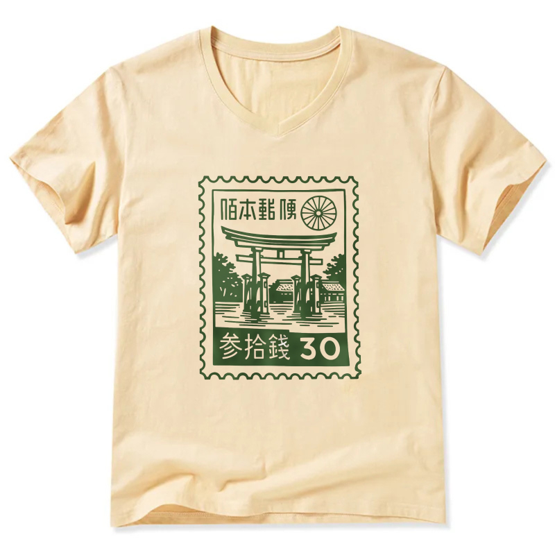Japan Post Stamp Design T-Shirt With Torii Gate And 30 Sen Text Black Shirt