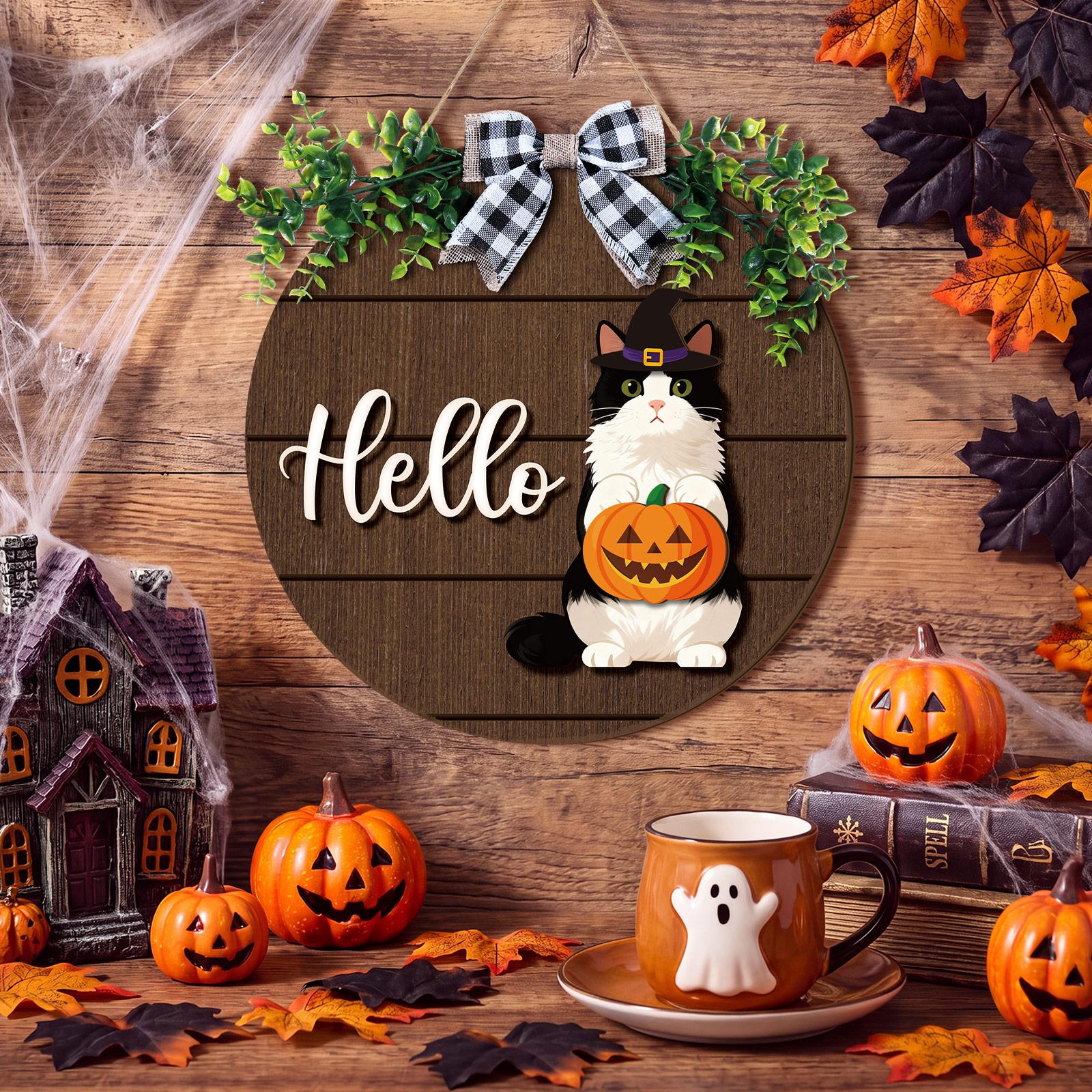Gejoy Halloween Cat Sign Interchangeable Welcome Sign Cute Cat and Dog Season Hanging Decor with Magnetic Detachable Hats Round Hanger for Home Wall Garden Porch Door, Housewarming Gift, Gift for Animal Cat Lover