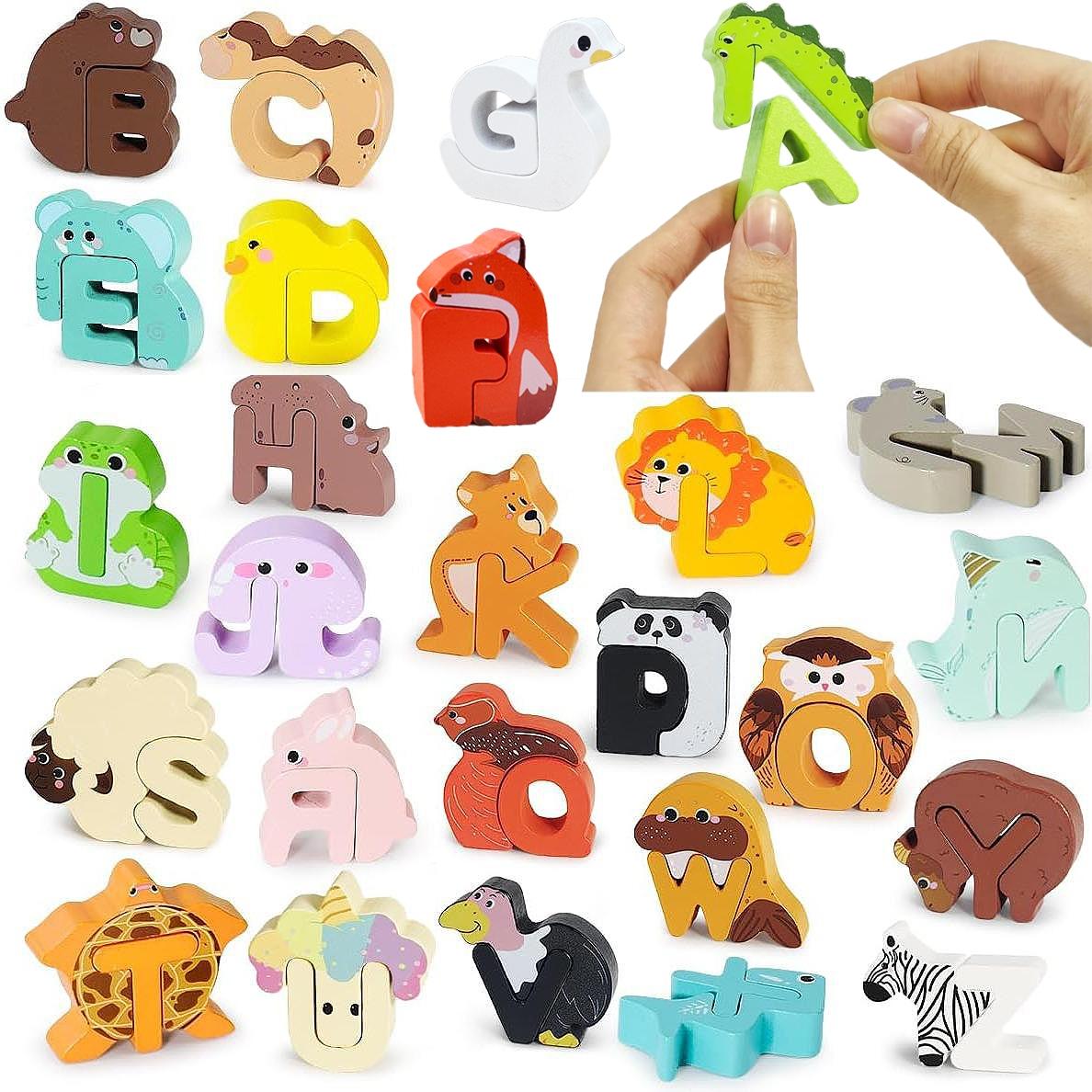 52-Piece Wooden Alphabet Animal Matching Puzzle Set for Toddlers, STEM Montessori Puzzle, ABC Peg Puzzles for Kids Ages 3-5, Preschool Learning Toy for Shape Recognition