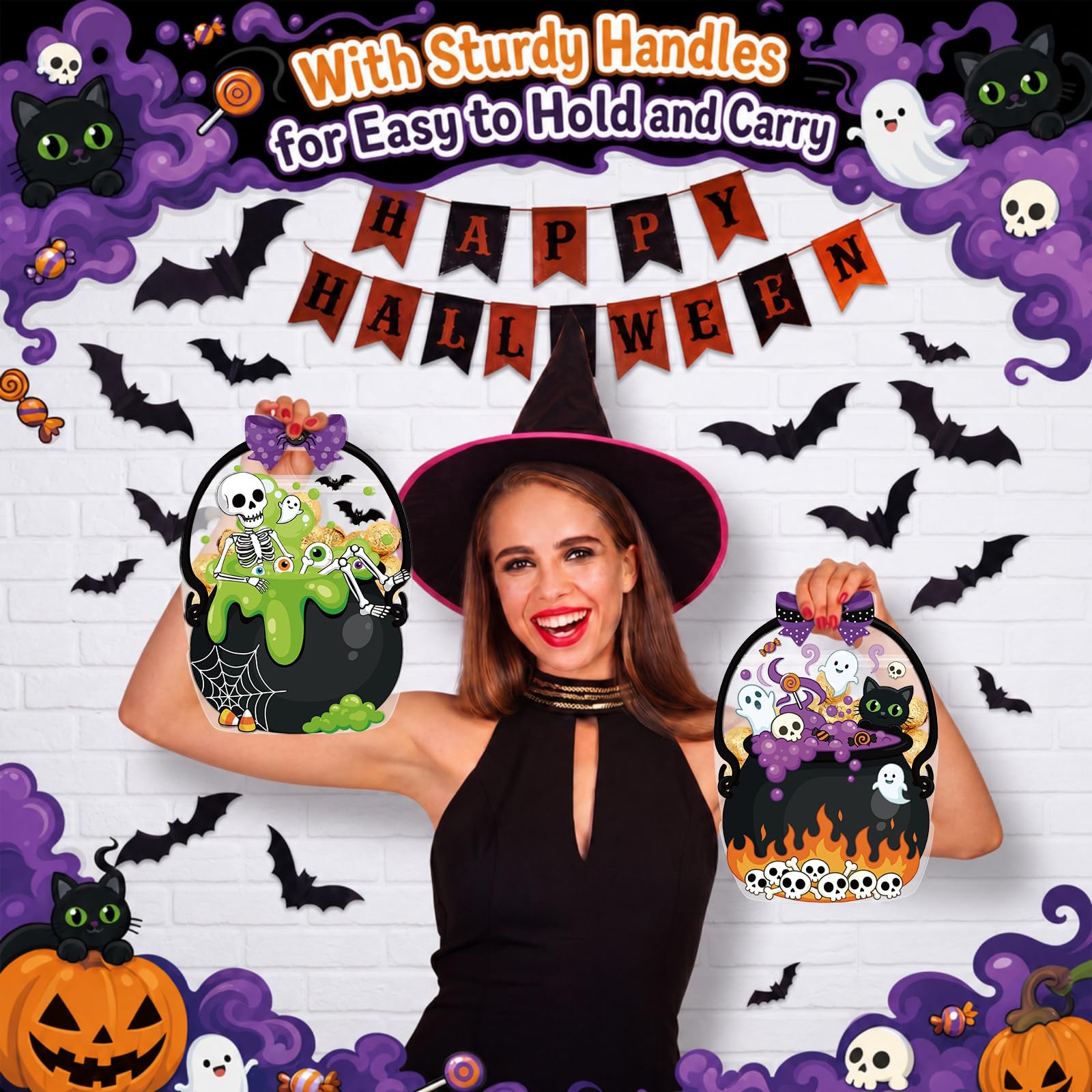 24/50 Pcs Halloween Goodie Bags Plastic Candy Bag Trick or Treat Bags with Cauldron Skeleton black Cat Skull Pumpkin Design,Treat Bags for Student Teacher Colleagues Neighbors,Classroom Snack Storage for Halloween Birthday Party Favor Supplies