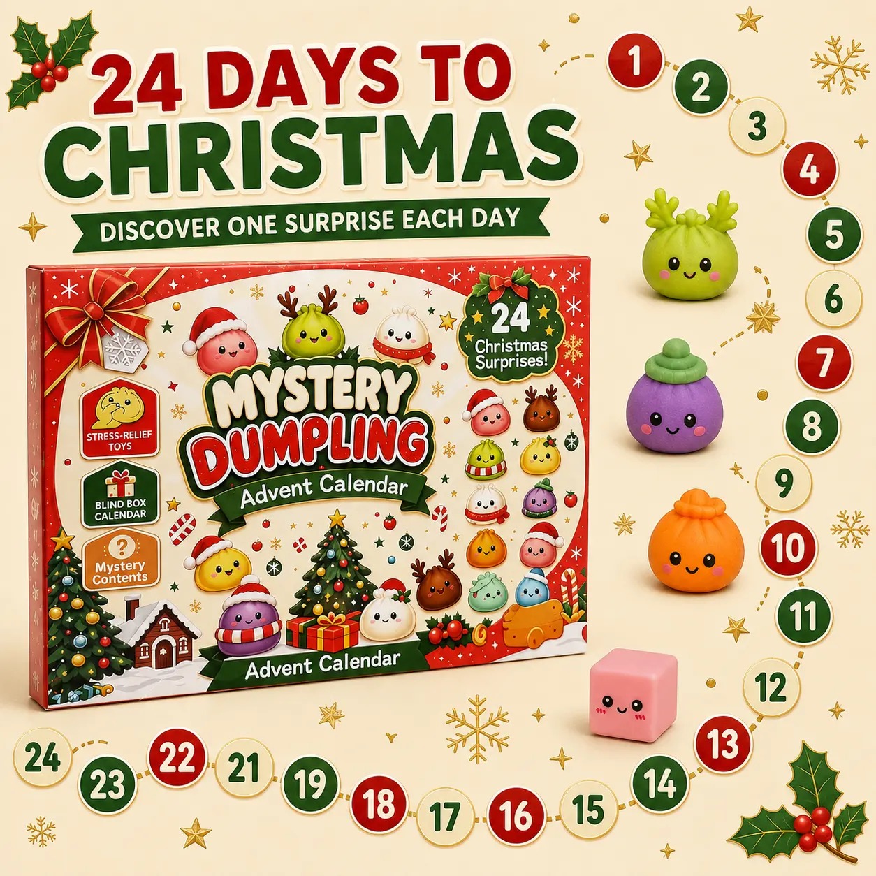 Christmas Mini Squishies Advent Calendar 2026, 24-Day Dumpling Squishy Toy Countdown Calendar with Glitter Squeeze Toys, Holiday Gift for Kids