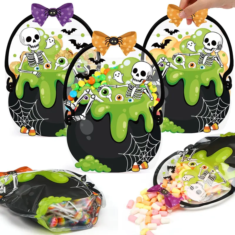 24/50 Pcs Halloween Goodie Bags Plastic Candy Bag Trick or Treat Bags with Cauldron Skeleton black Cat Skull Pumpkin Design,Treat Bags for Student Teacher Colleagues Neighbors,Classroom Snack Storage for Halloween Birthday Party Favor Supplies