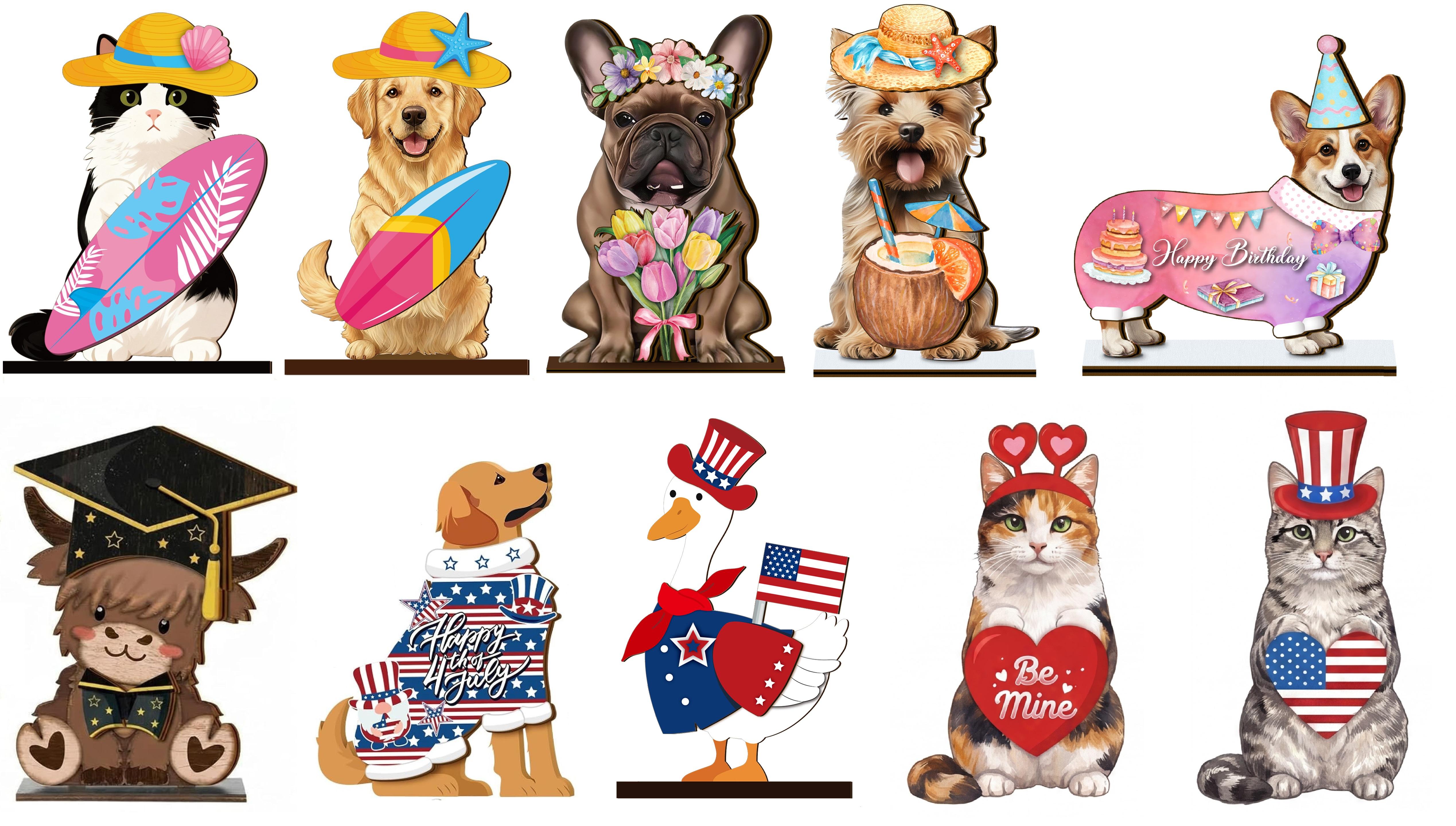 Gejoy Cat Sign Gift Halloween Decor Cat Ornaments Wooden Sign Cat Desk Decor Interchangeable Pet Decor with Magnet Detachable Hats for Summer Halloween Autumn Holiday Seasonal Birthday Party, Gift for Pet Owning Families and Cat Lovers