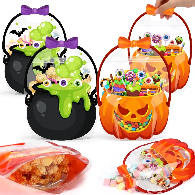 24/50 Pcs Halloween Goodie Bags Plastic Candy Bag Trick or Treat Bags with Cauldron Skeleton black Cat Skull Pumpkin Design,Treat Bags for Student Teacher Colleagues Neighbors,Classroom Snack Storage for Halloween Birthday Party Favor Supplies