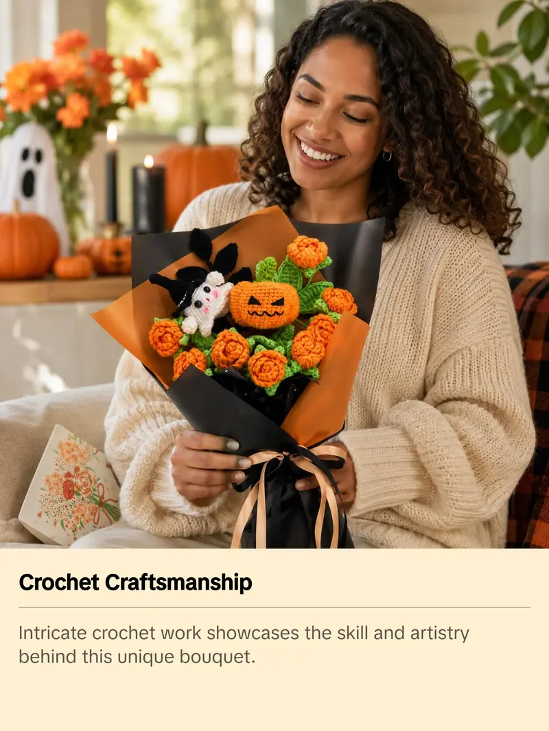 Handmade Crochet Flowers Bouquet Halloween Gift Pumpkin Ghost Bouquet Halloween Decor Gift for Her Friend Gift Forever Flowers Handmade Halloween Decoration