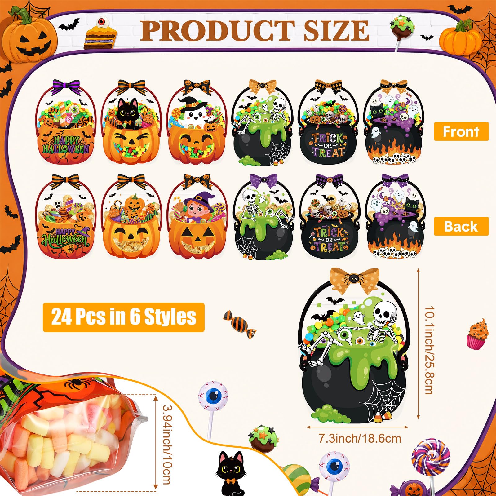 24/50 Pcs Halloween Goodie Bags Plastic Candy Bag Trick or Treat Bags with Cauldron Skeleton black Cat Skull Pumpkin Design,Treat Bags for Student Teacher Colleagues Neighbors,Classroom Snack Storage for Halloween Birthday Party Favor Supplies