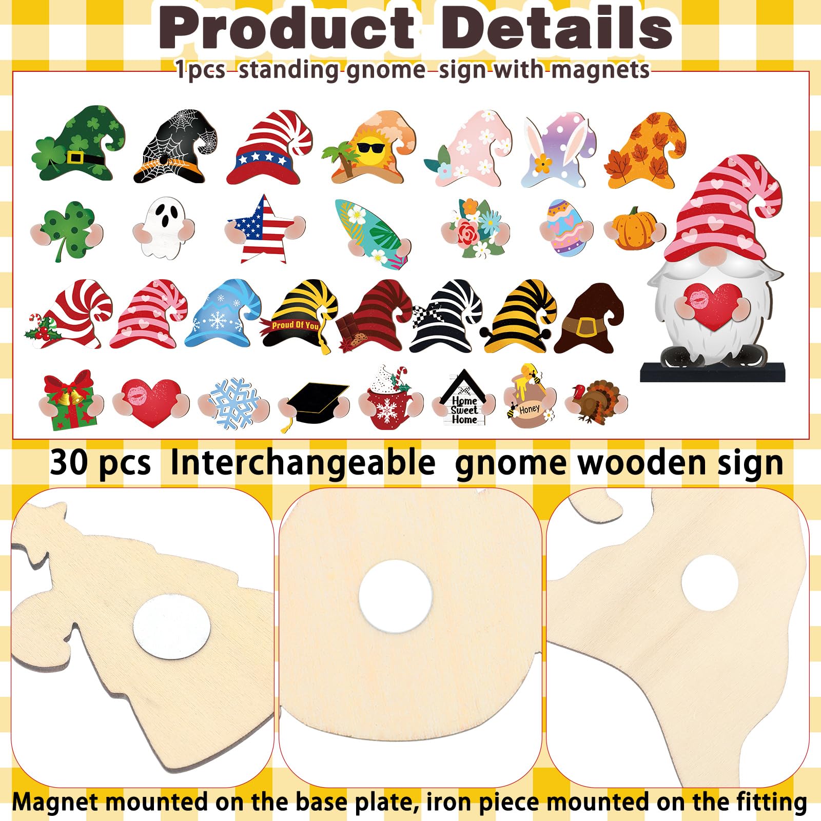 Gejoy Gnome Sign Halloween Gnome Interchangeable Desk Decor with Magnet Accessories Gnome Wooden Sign for Summer Holiday Seasonal Halloween Christmas Party Office Home Living Room Gift for Gnome Lovers, Halloween Gift