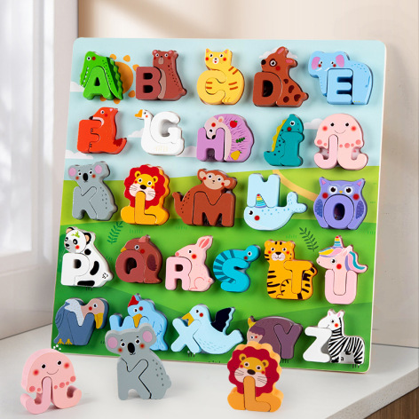 52-Piece Wooden Alphabet Animal Matching Puzzle Set for Toddlers, STEM Montessori Puzzle, ABC Peg Puzzles for Kids Ages 3-5, Preschool Learning Toy for Shape Recognition
