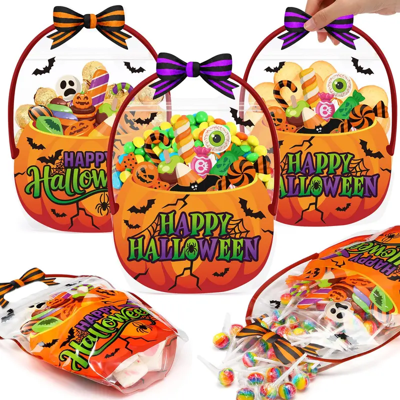 24/50 Pcs Halloween Goodie Bags Plastic Candy Bag Trick or Treat Bags with Cauldron Skeleton black Cat Skull Pumpkin Design,Treat Bags for Student Teacher Colleagues Neighbors,Classroom Snack Storage for Halloween Birthday Party Favor Supplies