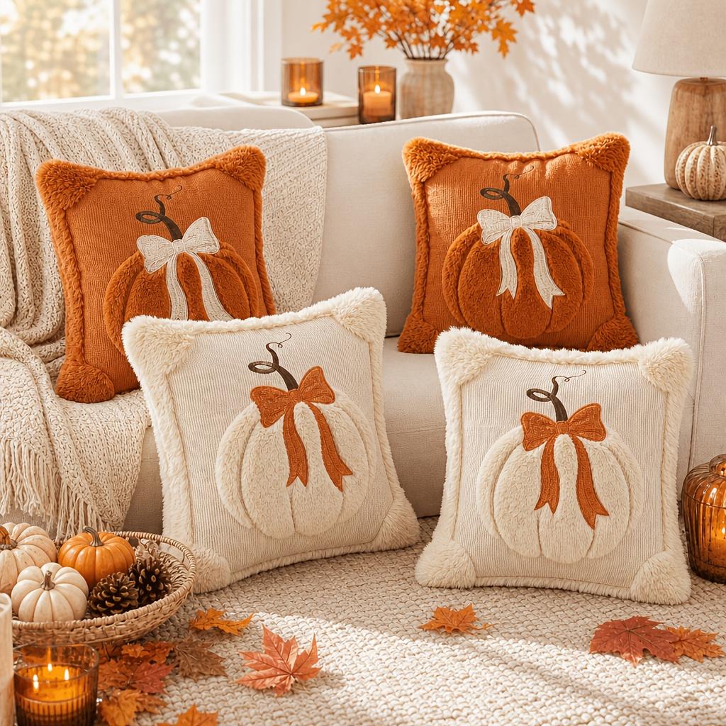 2-Pack Square 3D Jacquard Pumpkin Bow Cushion Covers, 18x18 in Home Replacement Options for Thanksgiving Farmhouse Decor (Covers Only)