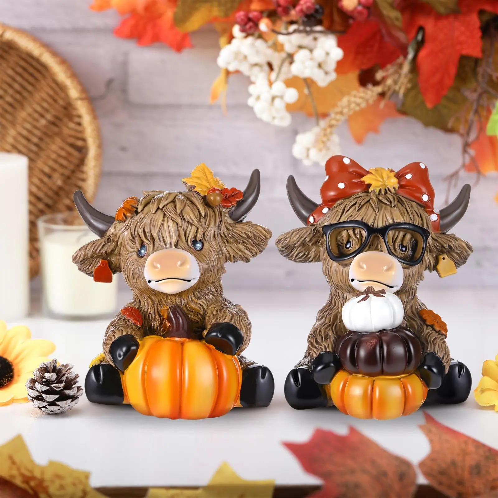 Halloween Highland Cow Statue Fall Cattle Figures 3D Highland Cattle Ornament Halloween Gift Christmas Gift Cute Decoration for Home, Halloween Party Season Decor, Housewarming Gift, Bathroom Decor, 2/3pcs
