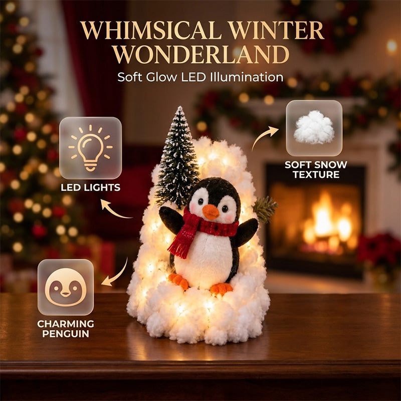 Penguin Christmas decoration styled on a table, mantel, and shelf