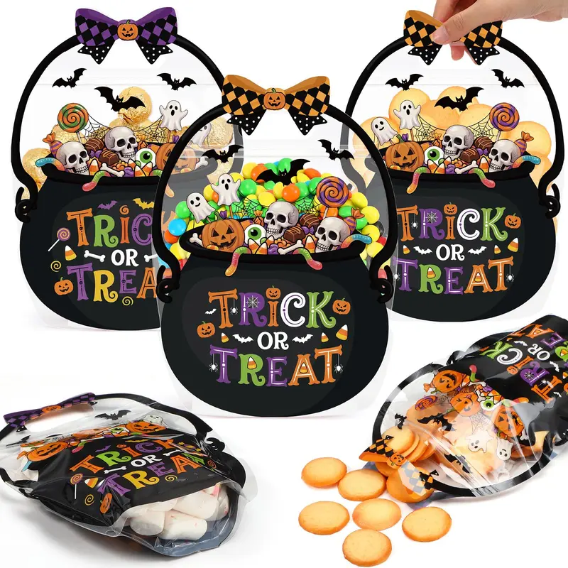 24/50 Pcs Halloween Goodie Bags Plastic Candy Bag Trick or Treat Bags with Cauldron Skeleton black Cat Skull Pumpkin Design,Treat Bags for Student Teacher Colleagues Neighbors,Classroom Snack Storage for Halloween Birthday Party Favor Supplies