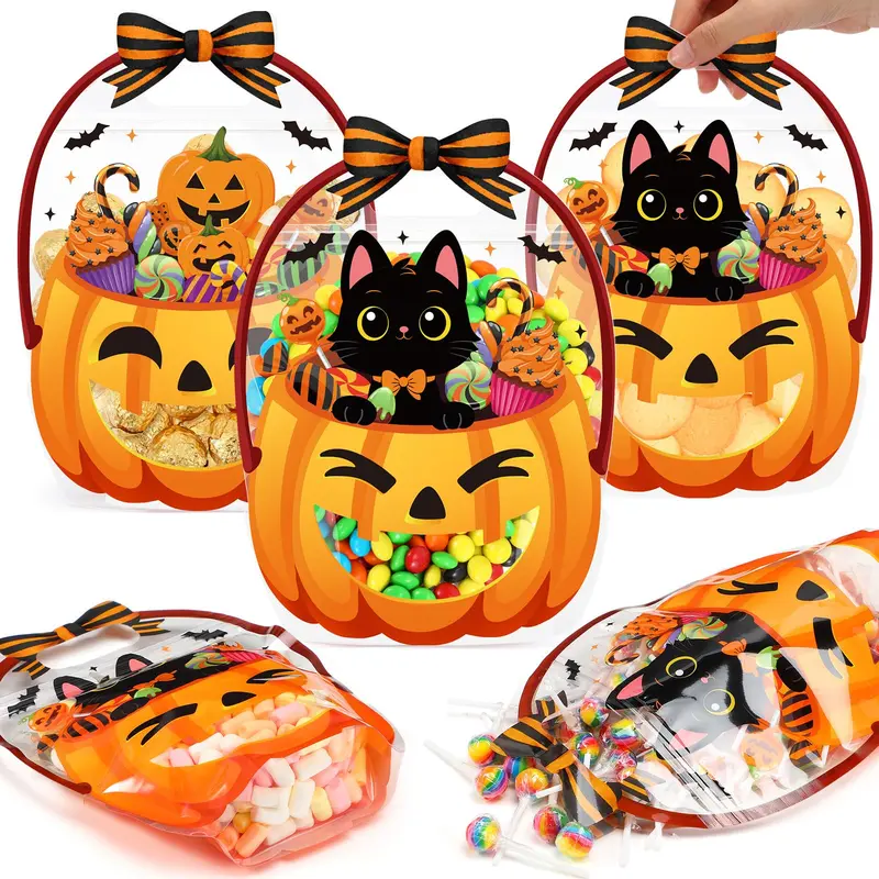 24/50 Pcs Halloween Goodie Bags Plastic Candy Bag Trick or Treat Bags with Cauldron Skeleton black Cat Skull Pumpkin Design,Treat Bags for Student Teacher Colleagues Neighbors,Classroom Snack Storage for Halloween Birthday Party Favor Supplies