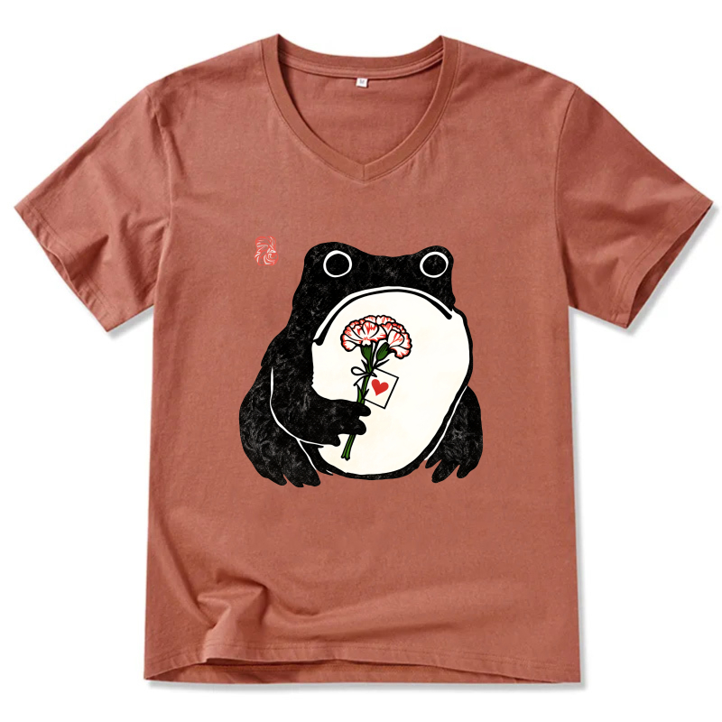 Frog Holding Rose Card T Shirt Black Design Cute Animal Graphic Tees