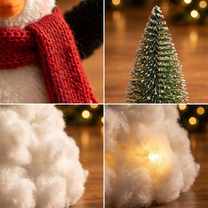 Close-up details of the penguin scarf, miniature tree, and snowy texture