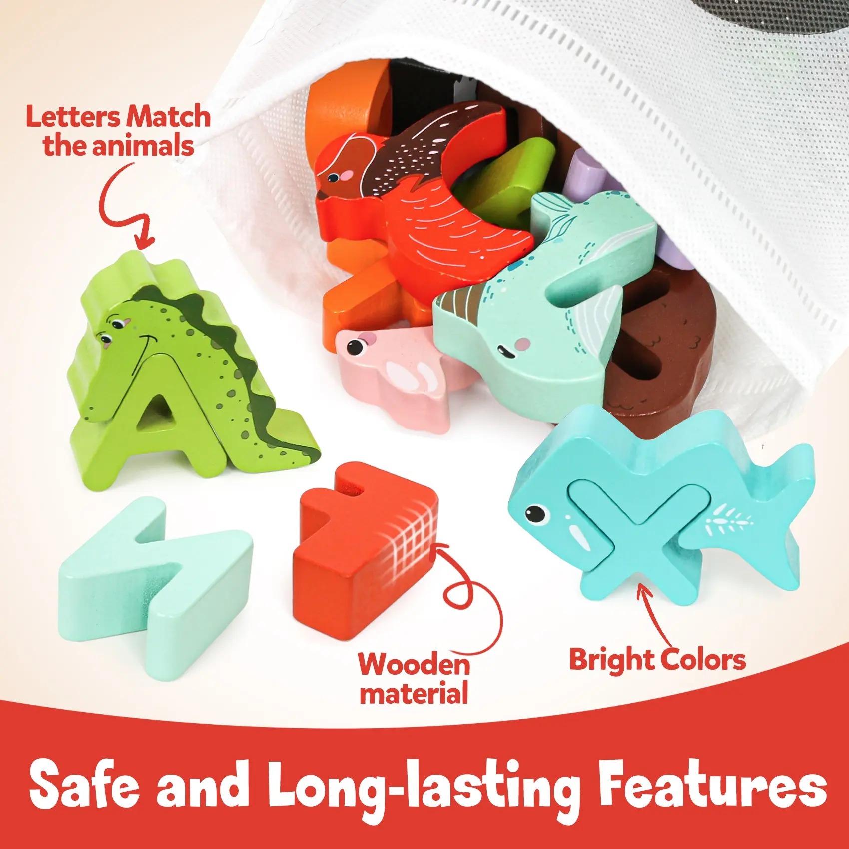 52-Piece Wooden Alphabet Animal Matching Puzzle Set for Toddlers, STEM Montessori Puzzle, ABC Peg Puzzles for Kids Ages 3-5, Preschool Learning Toy for Shape Recognition