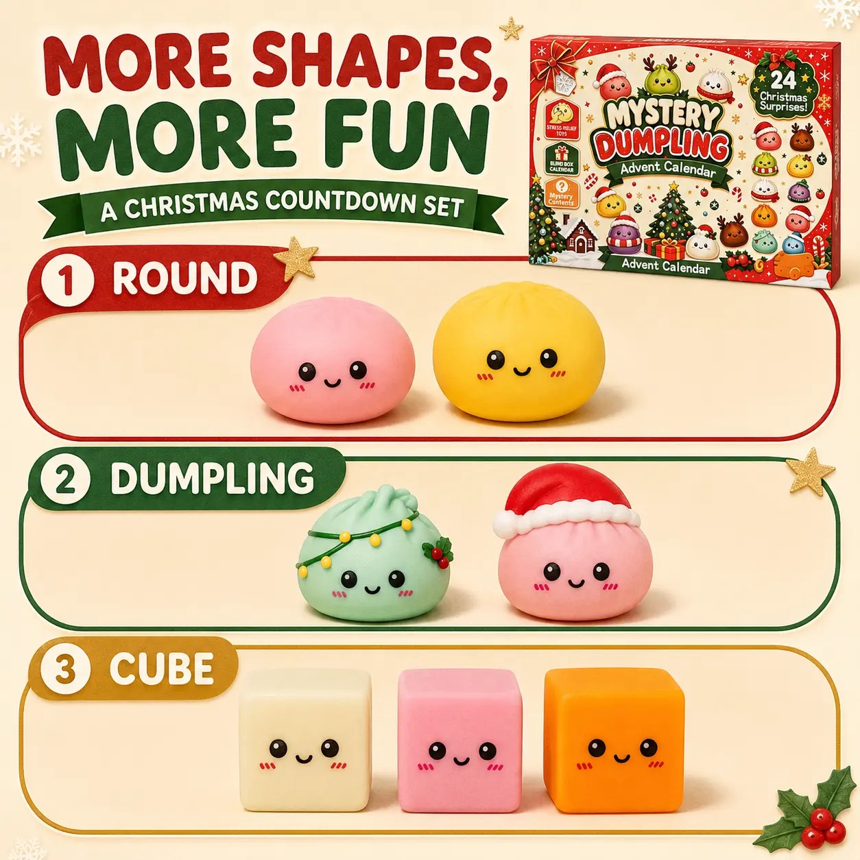 Christmas Mini Squishies Advent Calendar 2026, 24-Day Dumpling Squishy Toy Countdown Calendar with Glitter Squeeze Toys, Holiday Gift for Kids