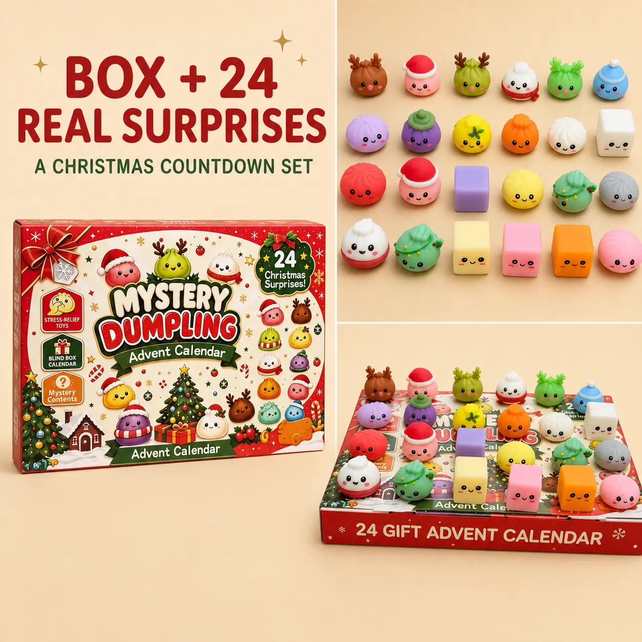 Christmas Mini Squishies Advent Calendar 2026, 24-Day Dumpling Squishy Toy Countdown Calendar with Glitter Squeeze Toys, Holiday Gift for Kids