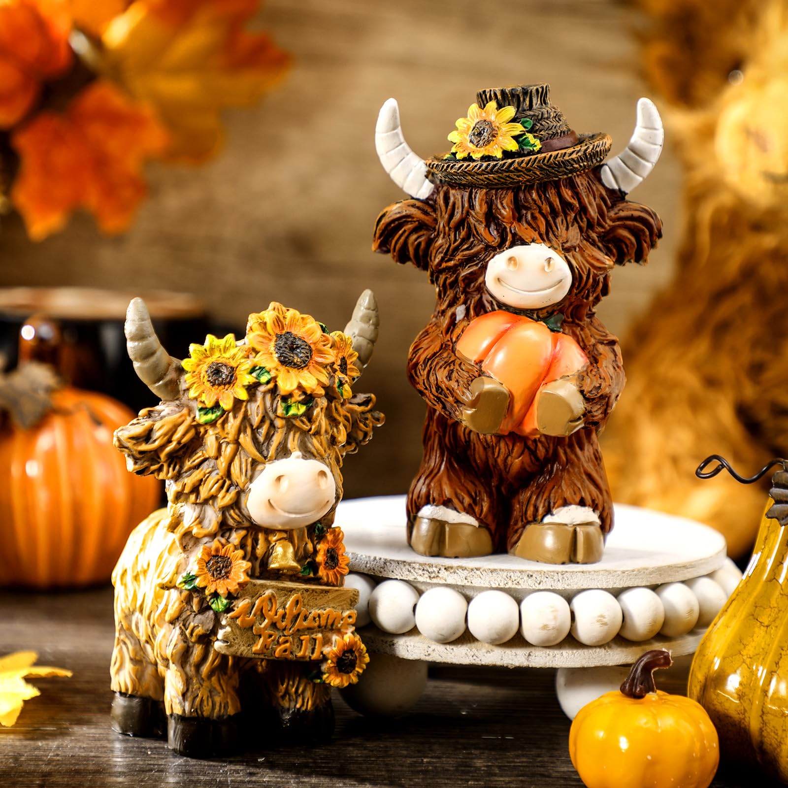 Gejoy Halloween Highland Cow Statue Fall Cattle Figures 3D Highland Cattle Ornament Halloween Gift Christmas Gift Cute Decoration for Home, Halloween Party Season Decor, Housewarming Gift, Bathroom Decor, 2/3pcs