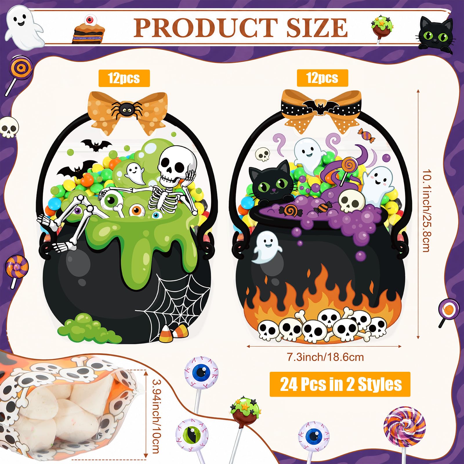 24/50 Pcs Halloween Goodie Bags Plastic Candy Bag Trick or Treat Bags with Cauldron Skeleton black Cat Skull Pumpkin Design,Treat Bags for Student Teacher Colleagues Neighbors,Classroom Snack Storage for Halloween Birthday Party Favor Supplies
