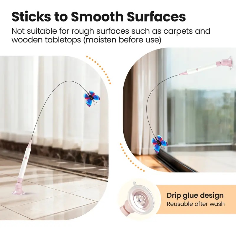 Butterfly Shape Spinning Cat Interactive Toy - Rechargeable Electric Touch-Activated, Detachable Wand, Elastic Wire (Resists Bending), 360° Spin (Mimics Flutter), Suction Cup, Auto Play & Handheld Modes for Indoor Cats