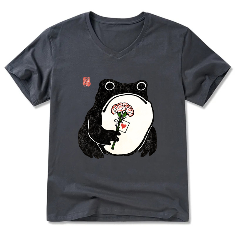 Frog Holding Rose Card T Shirt Black Design Cute Animal Graphic Tees