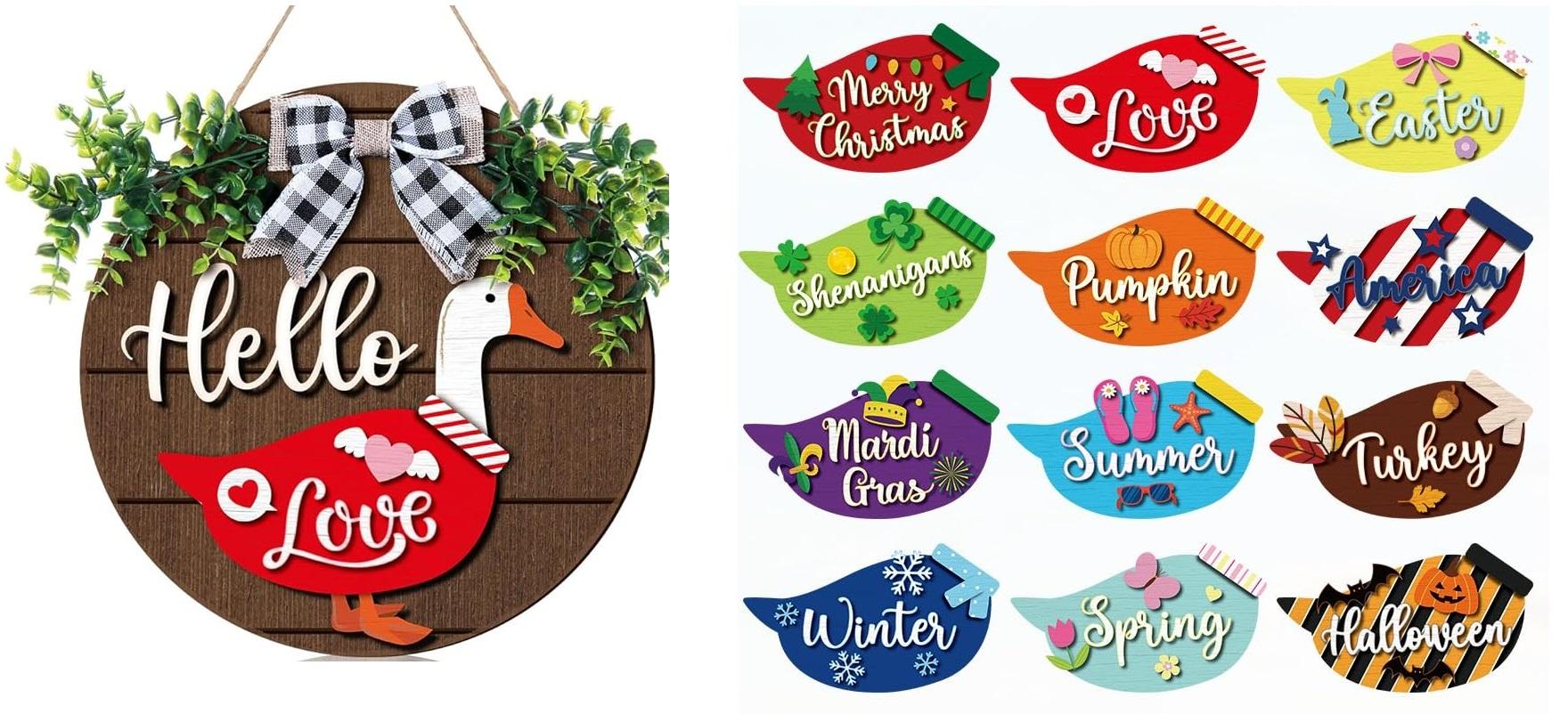 Gejoy Magnetic Interchangeable Goose Sign - Rustic Farmhouse Wooden Welcome Decor, Halloween Things for Front Door Porch Accessories, House Decor Entryway Hanging Housewarming Gift, Wall Hanging