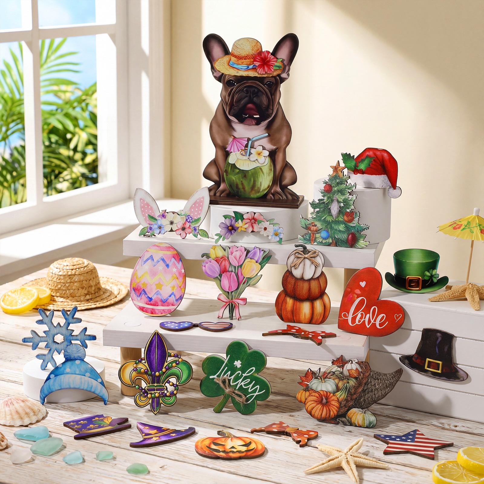 Gejoy Cat Sign Gift Halloween Decor Cat Ornaments Wooden Sign Cat Desk Decor Interchangeable Pet Decor with Magnet Detachable Hats for Summer Halloween Autumn Holiday Seasonal Birthday Party, Gift for Pet Owning Families and Cat Lovers