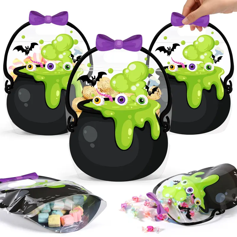 24/50 Pcs Halloween Goodie Bags Plastic Candy Bag Trick or Treat Bags with Cauldron Skeleton black Cat Skull Pumpkin Design,Treat Bags for Student Teacher Colleagues Neighbors,Classroom Snack Storage for Halloween Birthday Party Favor Supplies