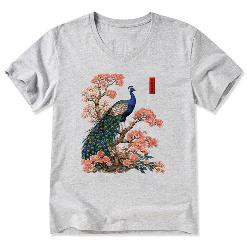 Peacock And Cherry Blossom Art T Shirt Men Women Fashion Casual Top