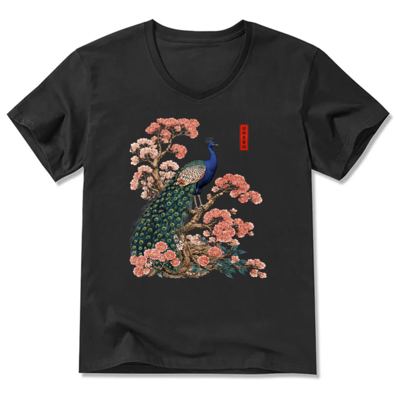 Peacock And Cherry Blossom Art T Shirt Men Women Fashion Casual Top