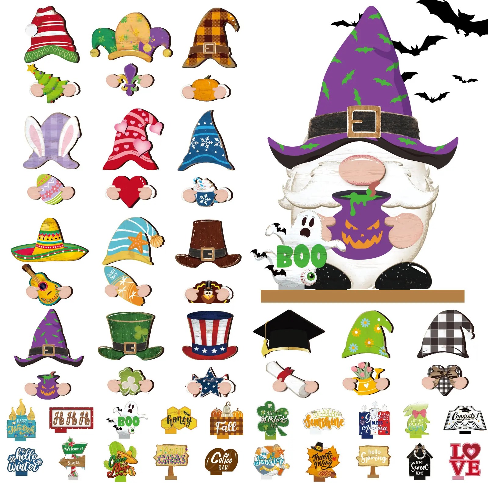 Gnome Sign Halloween Gnome Interchangeable Desk Decor with Magnet Accessories Gnome Wooden Sign for Summer Holiday Seasonal Halloween Christmas Party Office Home Living Room Gift for Gnome Lovers, Halloween Gift
