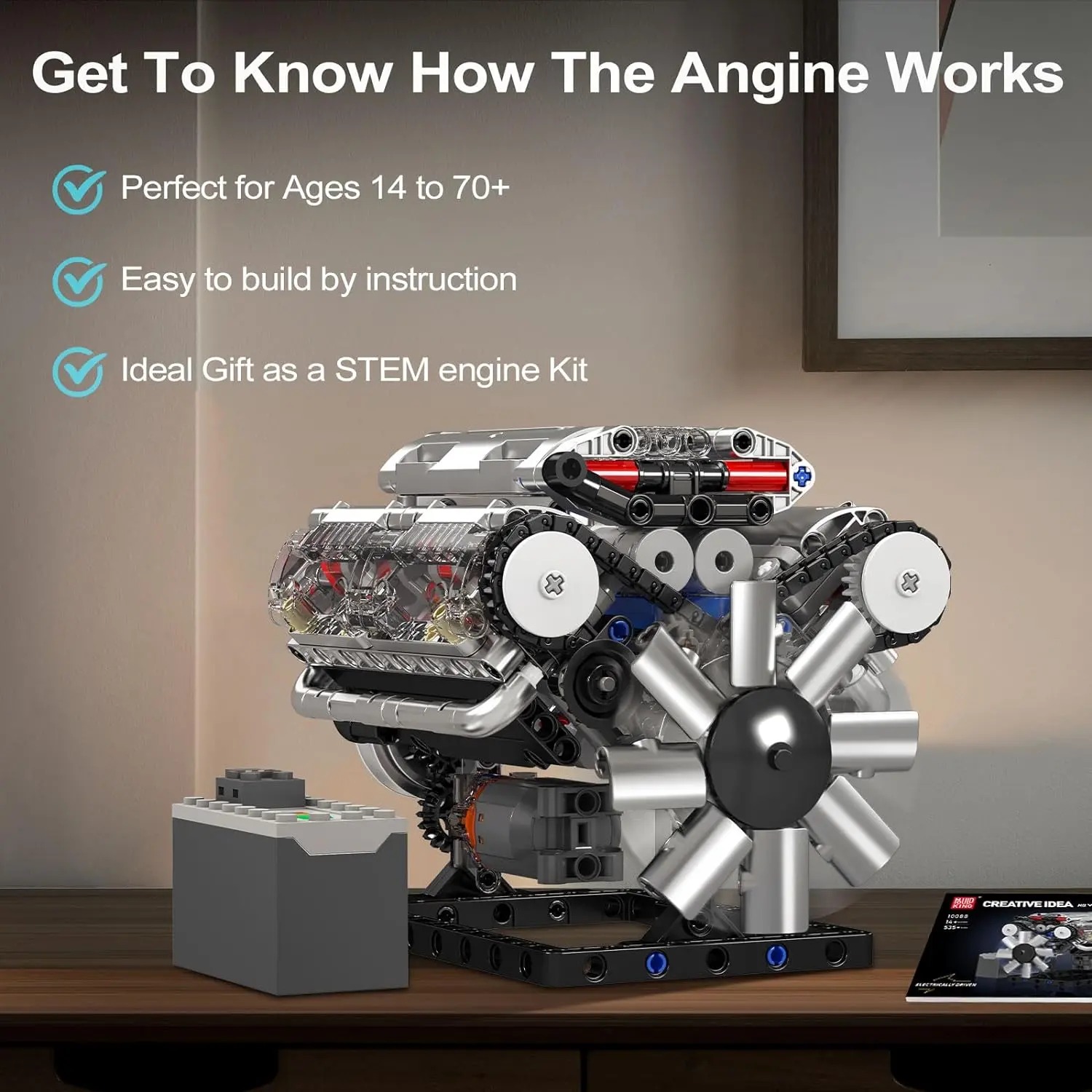 Mould King 10088 Realistic V8 Engine ABS Plastic Blocks Model Building Kit, 535-Piece DIY Engineering Craft Ideas, 7.6x5x5in Open Ended Play STEM Project, Gift for 12+ Teens/Adults (Father's Day/Birthday)