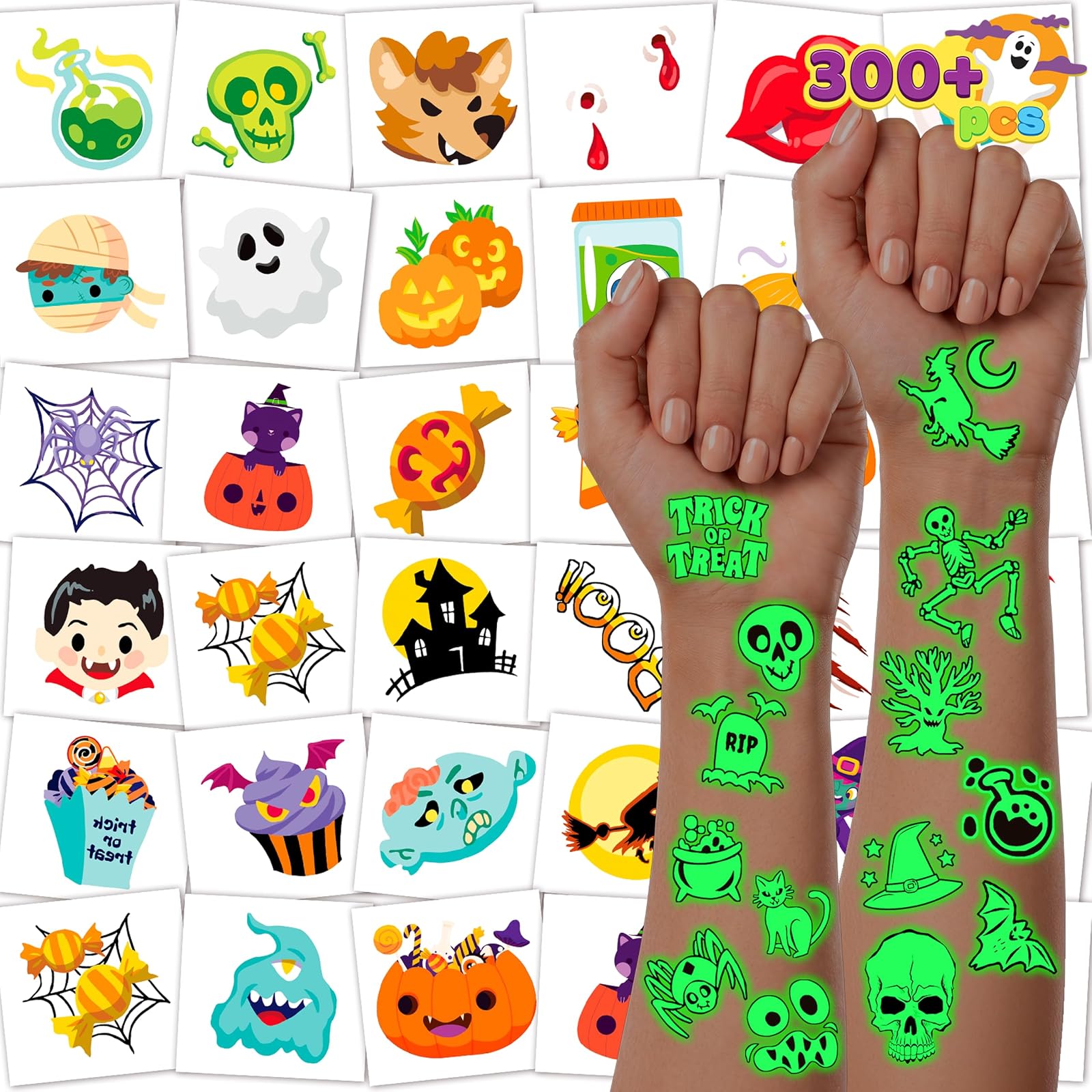 Halloween Tattoos for Kids, Glowing Temporary Tattoos in Assorted Designs Bulk for Child Trick or Treat Gifts Halloween Party Favor Decorations Goodie Bags Supplies Class Game Prizes