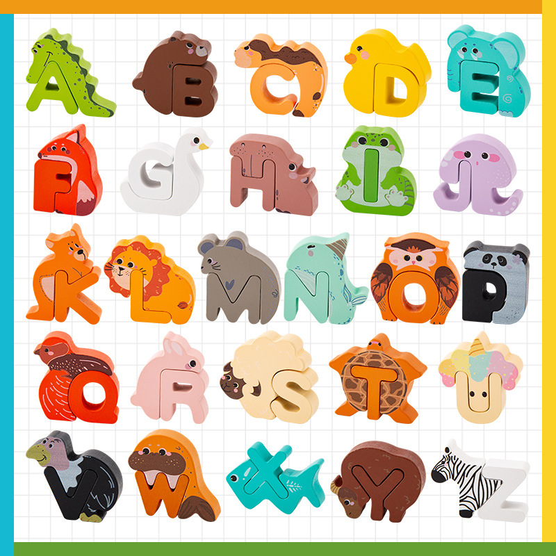 52-Piece Wooden Alphabet Animal Matching Puzzle Set for Toddlers, STEM Montessori Puzzle, ABC Peg Puzzles for Kids Ages 3-5, Preschool Learning Toy for Shape Recognition