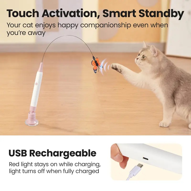 Butterfly Shape Spinning Cat Interactive Toy - Rechargeable Electric Touch-Activated, Detachable Wand, Elastic Wire (Resists Bending), 360° Spin (Mimics Flutter), Suction Cup, Auto Play & Handheld Modes for Indoor Cats